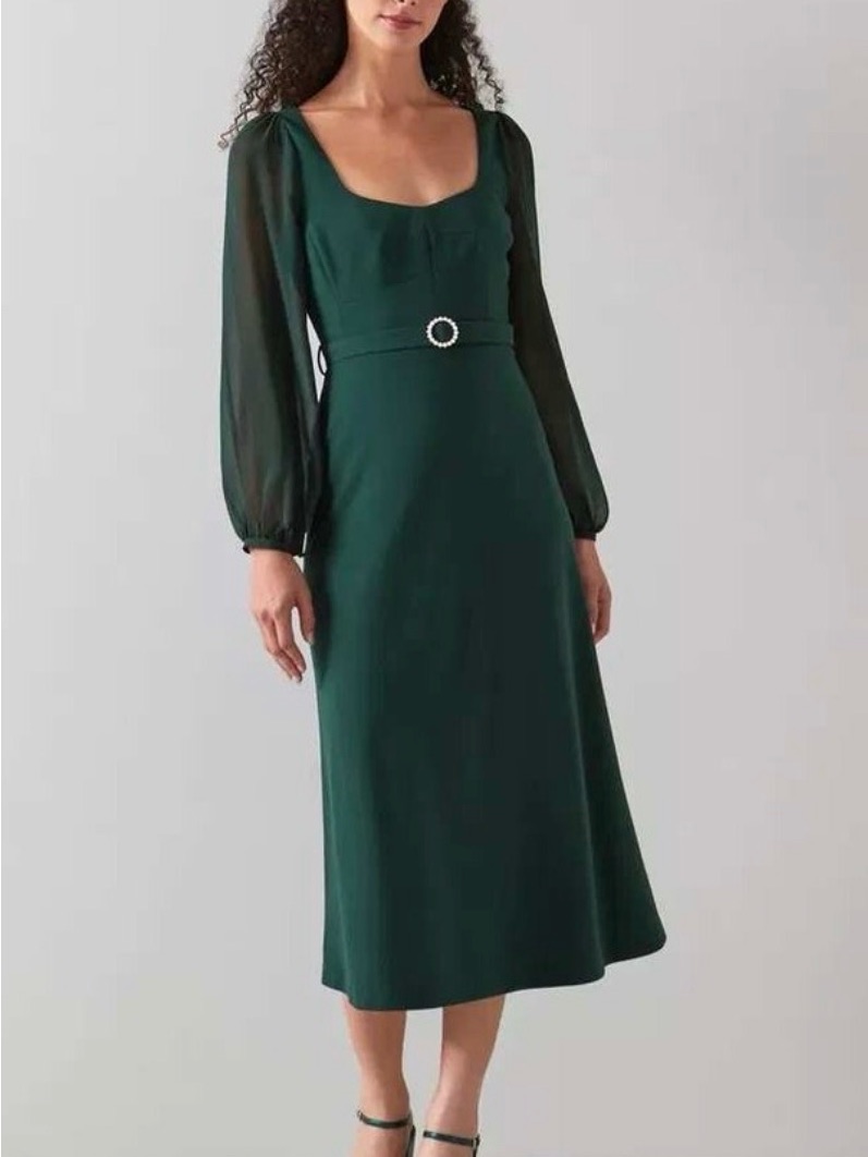Lk Bennett Forest Green Midi Dress With Sheer Long Sleeves Dr Perdy